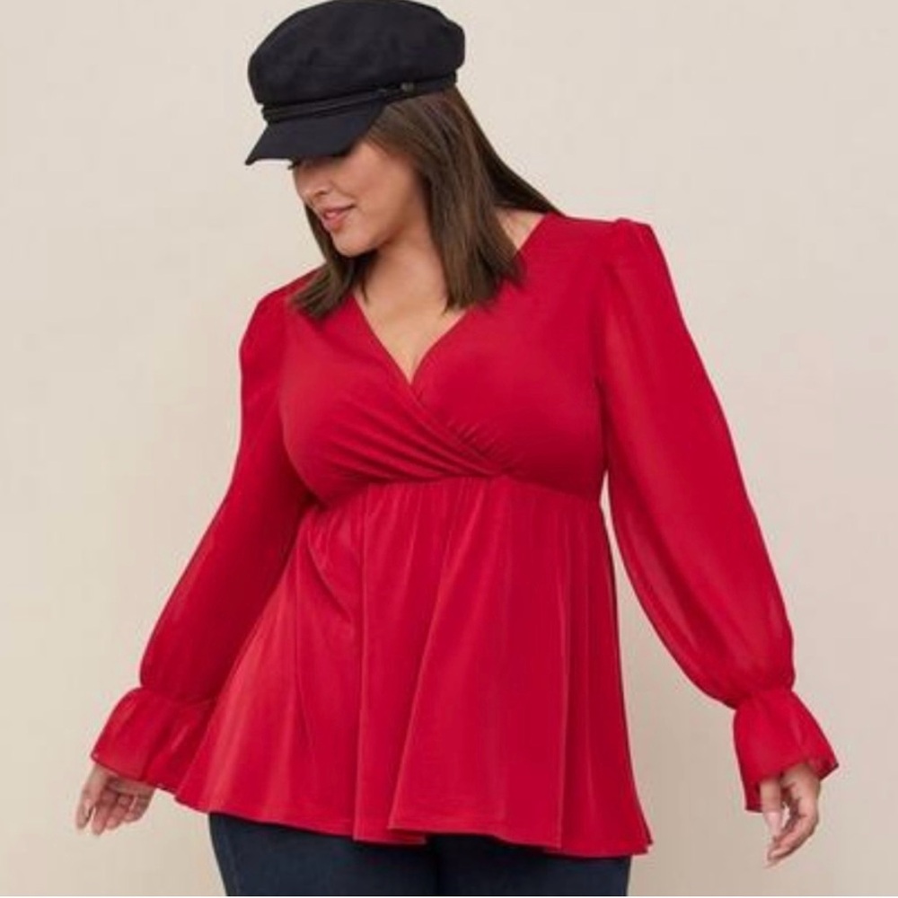 Torrid Babydoll Studio Knit Chiffon Sleeves Surplice Top